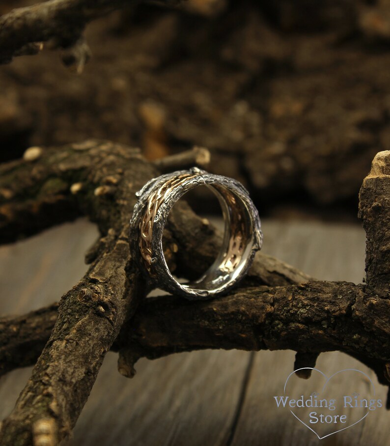 Celtic knot and Tree bark Men's Wedding Band in Mixed Metals