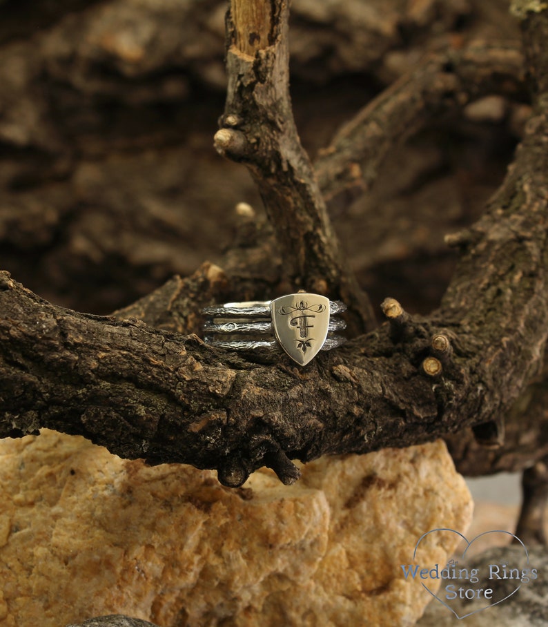 Unique Silver Men's Shield Ring with a Personalized Letter