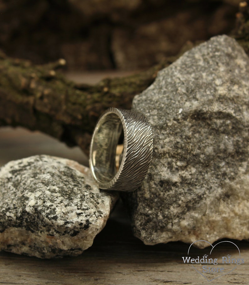 Unique Ribbed texture of Tree bark Silver Men's Rustic Ring