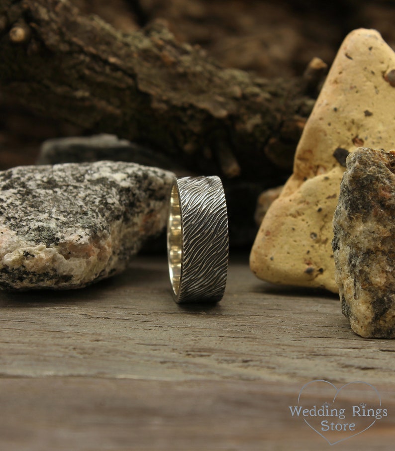 Unique Ribbed texture of Tree bark Silver Men's Rustic Ring