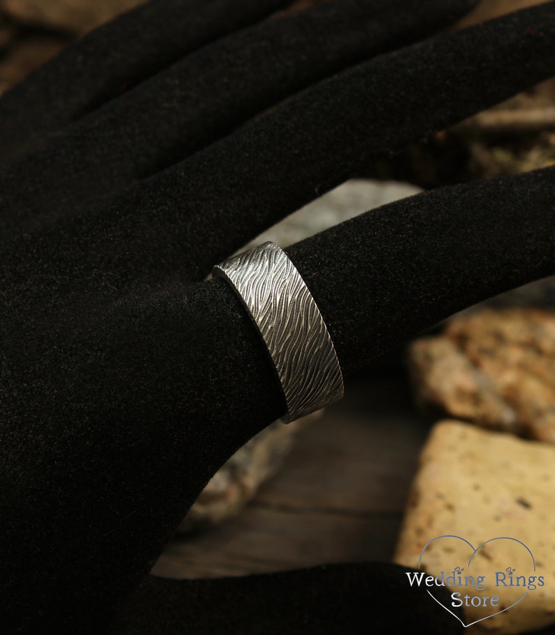 Unique Ribbed texture of Tree bark Silver Men's Rustic Ring