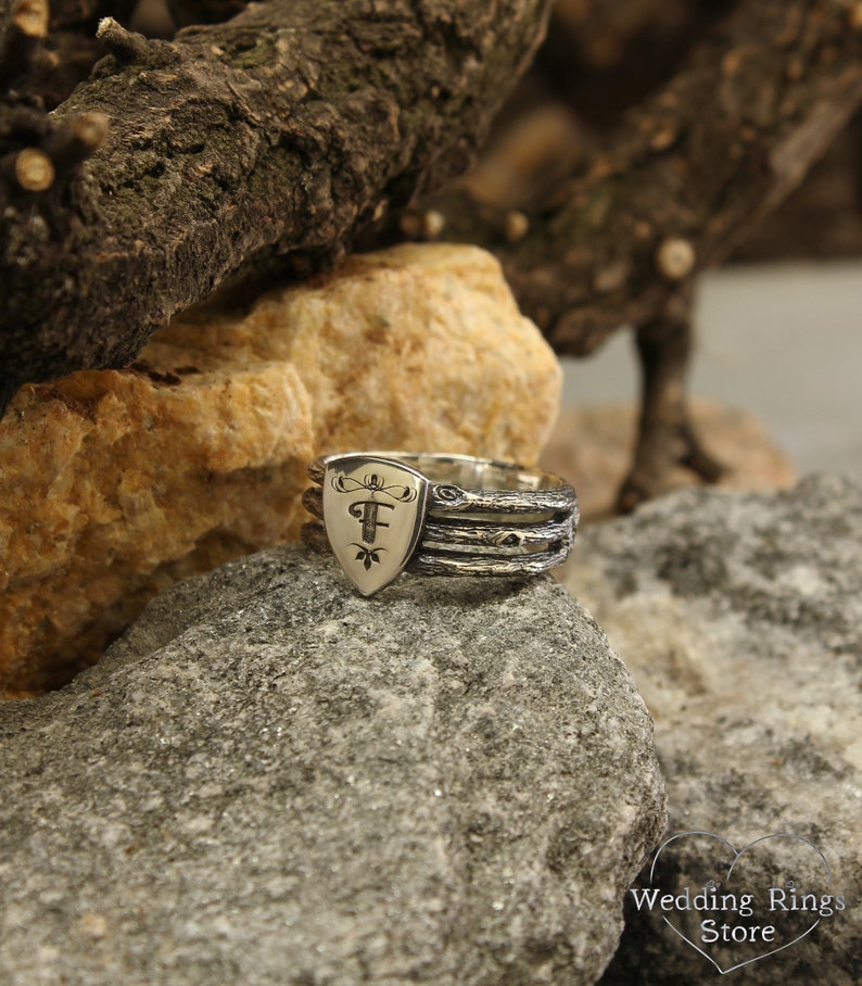 Unique Silver Men's Shield Ring with a Personalized Letter