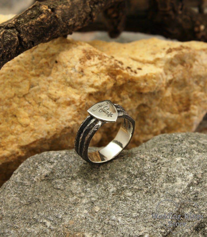Unique Silver Men's Shield Ring with a Personalized Letter