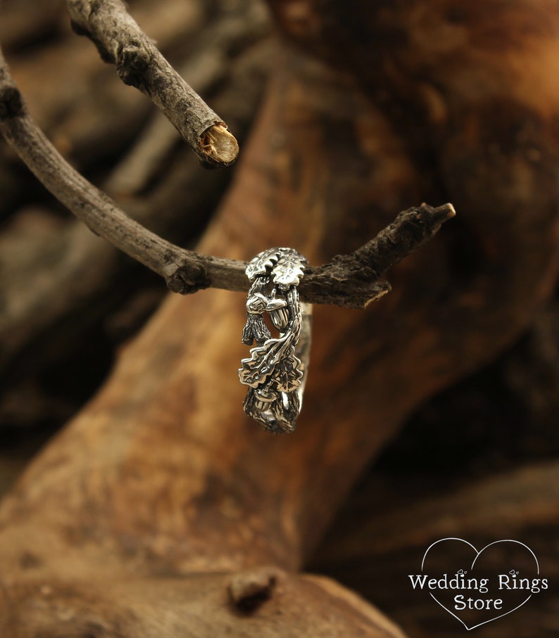 Leaves and Acorns on Silver Oak Branch Wedding Ring