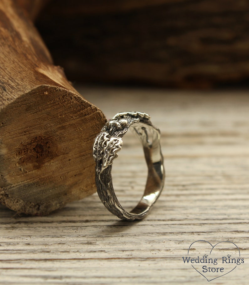 Leaves and Acorns on Silver Oak Branch Wedding Ring