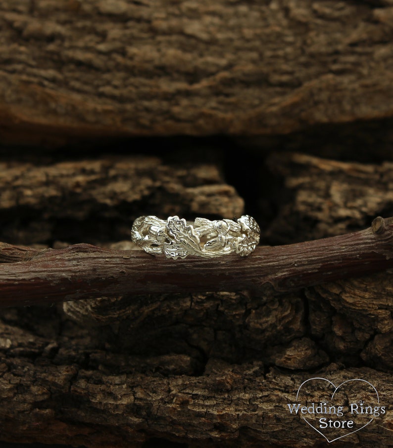 Leaves and Acorns on Silver Oak Branch Wedding Ring