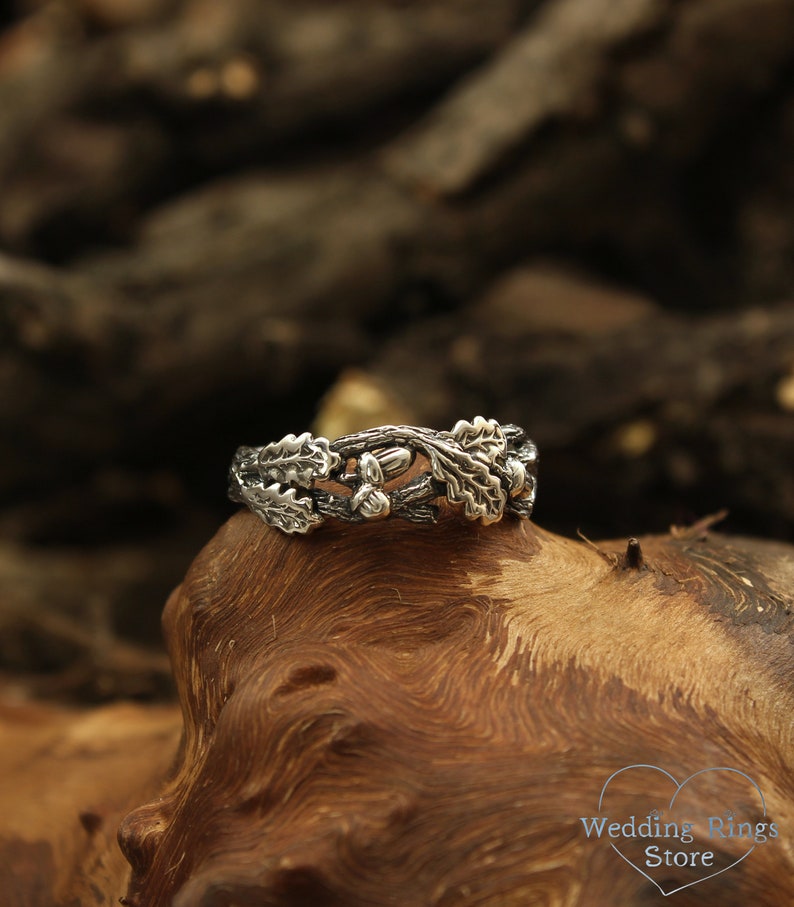 Leaves and Acorns on Silver Oak Branch Wedding Ring
