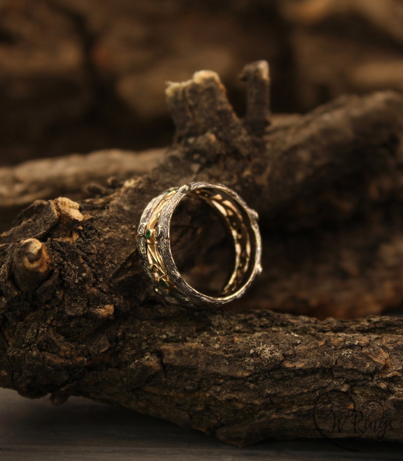 Emeralds in Vines & Tree bark Vintage Style Ring in Mixed metals