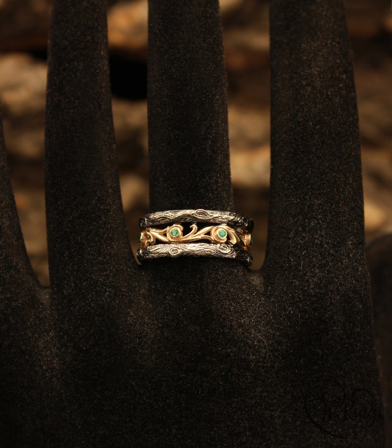 Emeralds in Vines & Tree bark Vintage Style Ring in Mixed metals