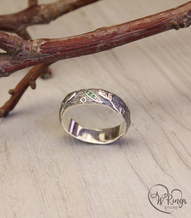 Rustic Style Silver Branch Ring band & Emeralds in Leaves