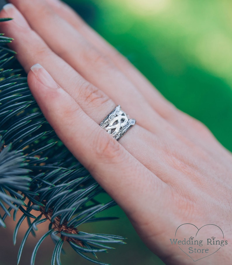 Braided pattern & Forest Wood bark Silver Wedding Ring