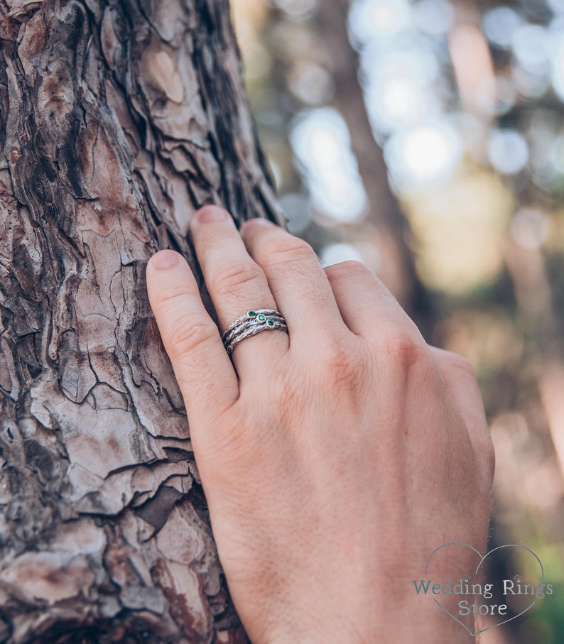 Wide Silver Woodbark Knots and Three Emeralds Wedding Ring