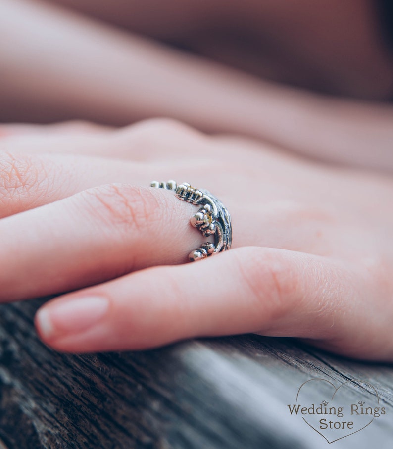Crown Ring with Natural Citrine Silver Women's Wedding Band