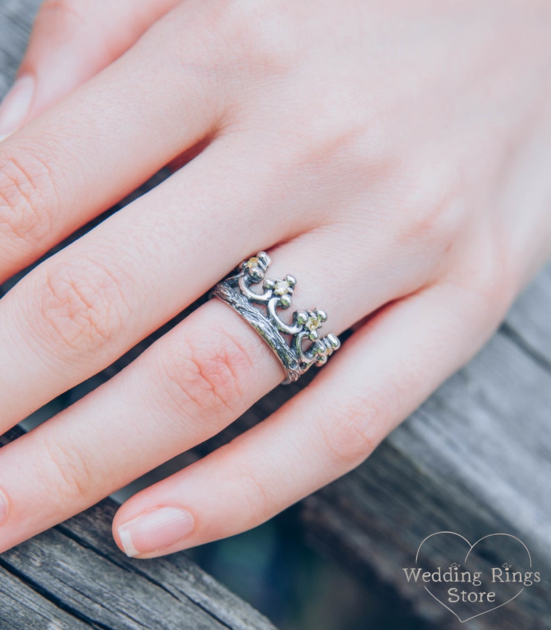 Crown Ring with Natural Citrine Silver Women's Wedding Band