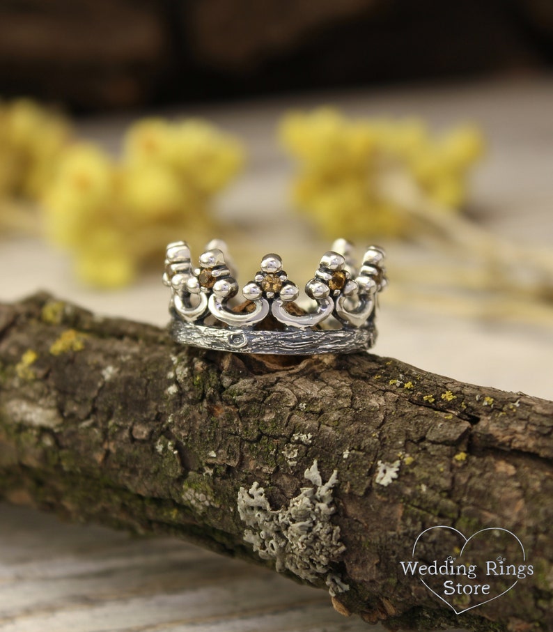 Crown Ring with Natural Citrine Silver Women's Wedding Band