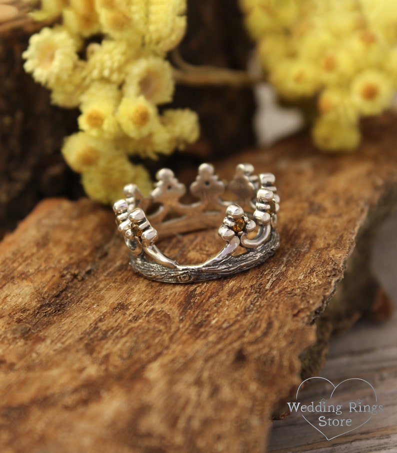 Crown Ring with Natural Citrine Silver Women's Wedding Band