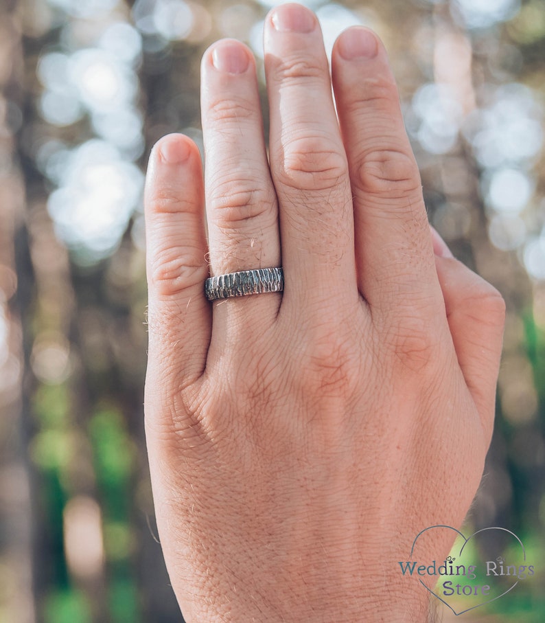 Brutalist Black Woodbark Silver Rustic Men's Wedding Band