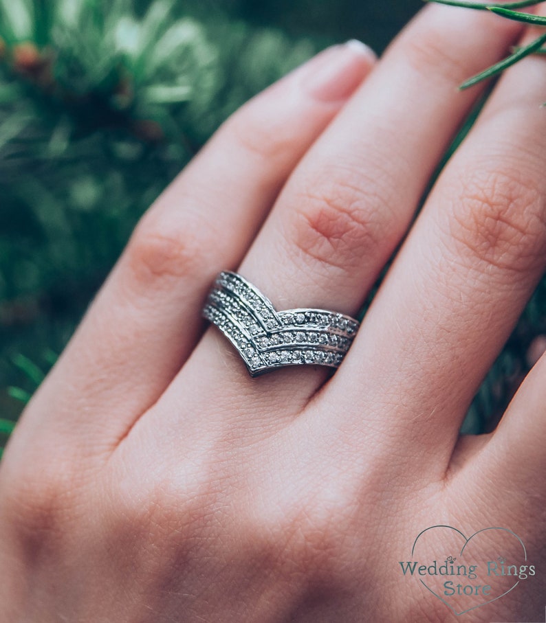 Women's Massive Chevron Wedding Band with White Stones