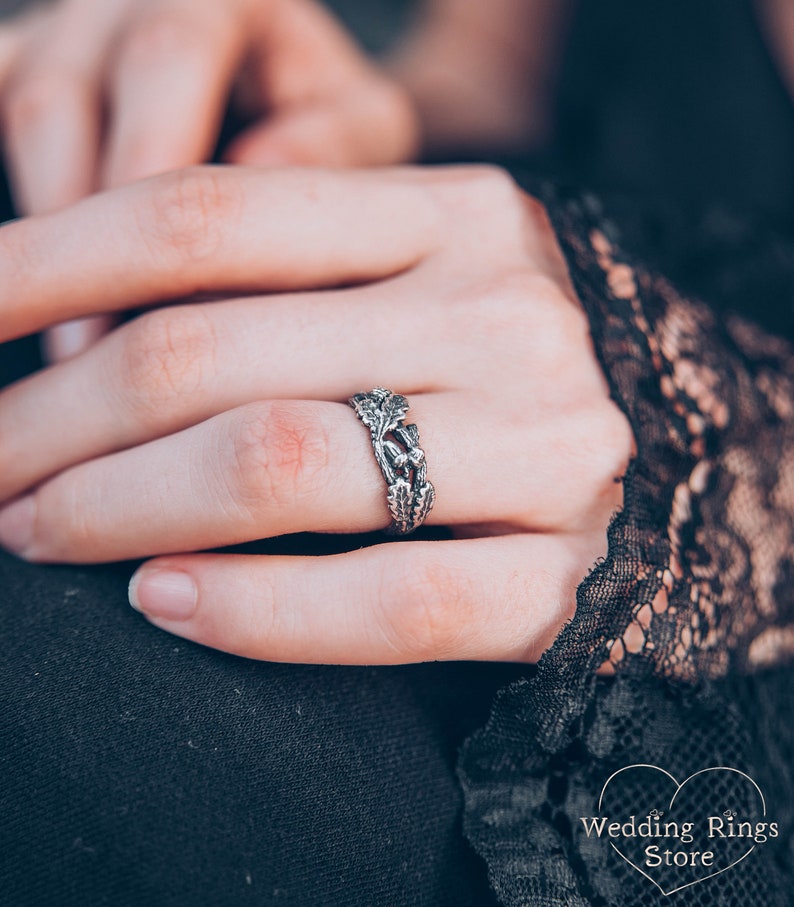 Leaves and Acorns on Silver Oak Branch Wedding Ring