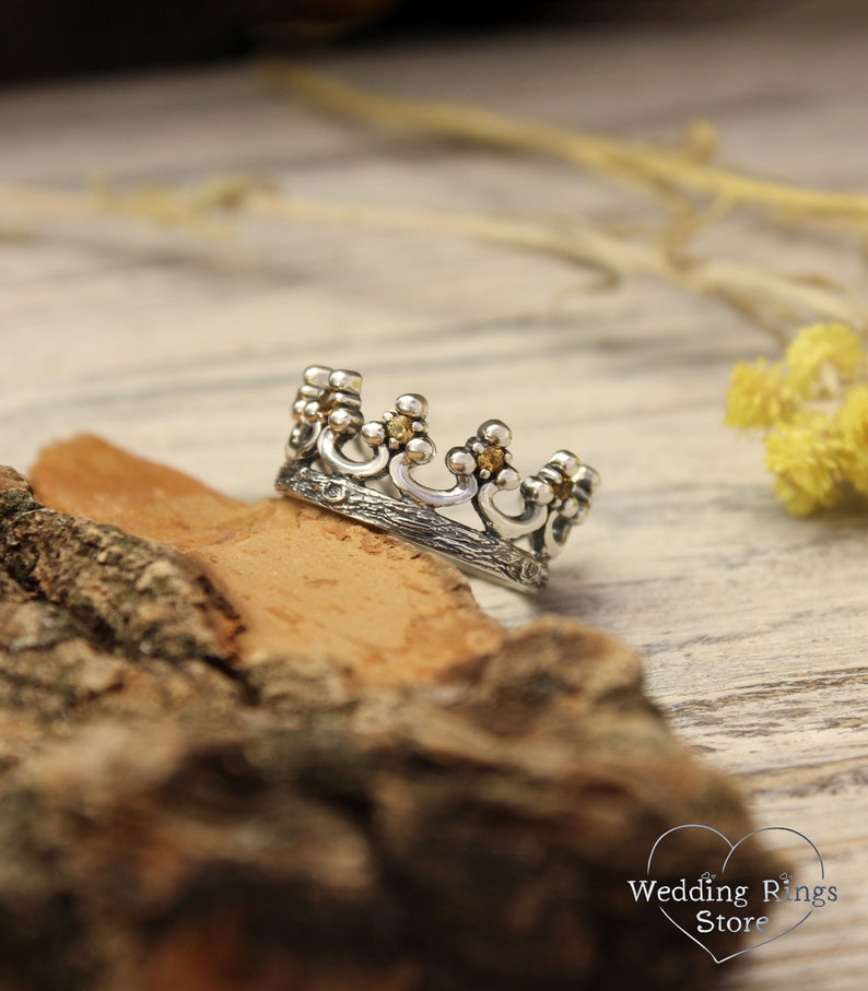 Crown Ring with Natural Citrine Silver Women's Wedding Band
