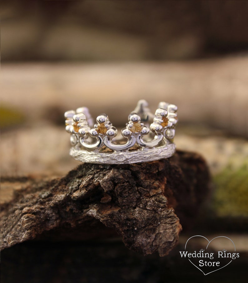 Crown Ring with Natural Citrine Silver Women's Wedding Band