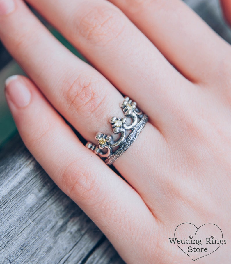 Crown Ring with Natural Citrine Silver Women's Wedding Band