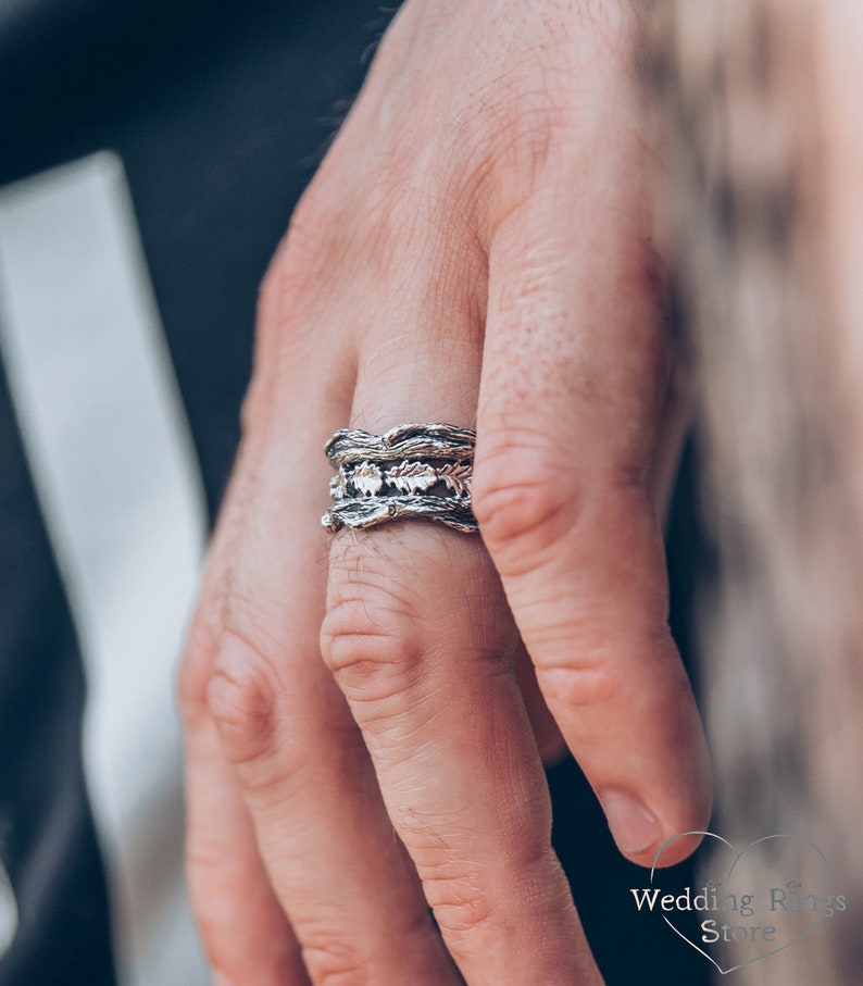Heavy Men's Silver Band Ring with Tree bark and oak Leaves