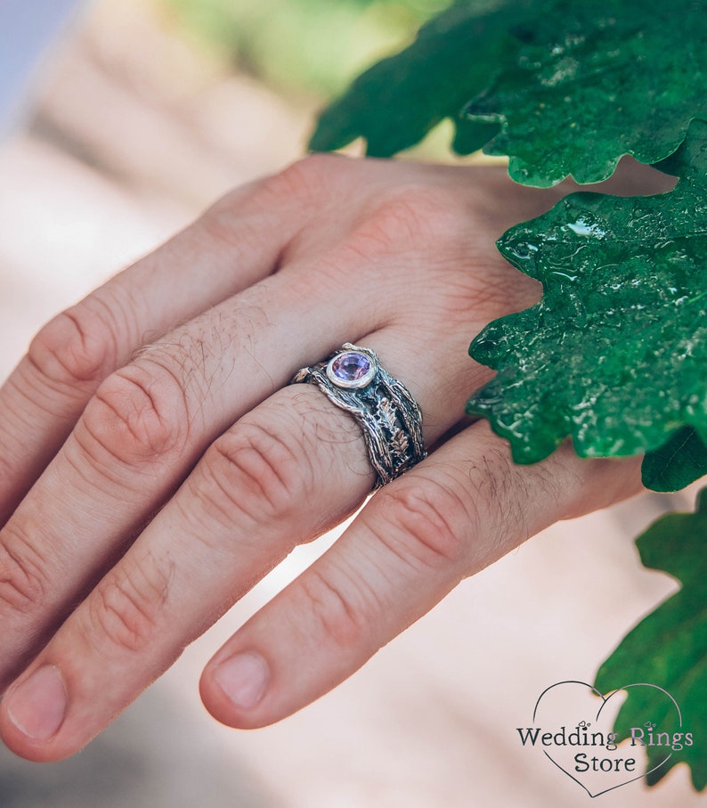 Oak Leaves in Wide Silver Ring with Bezel Garnet