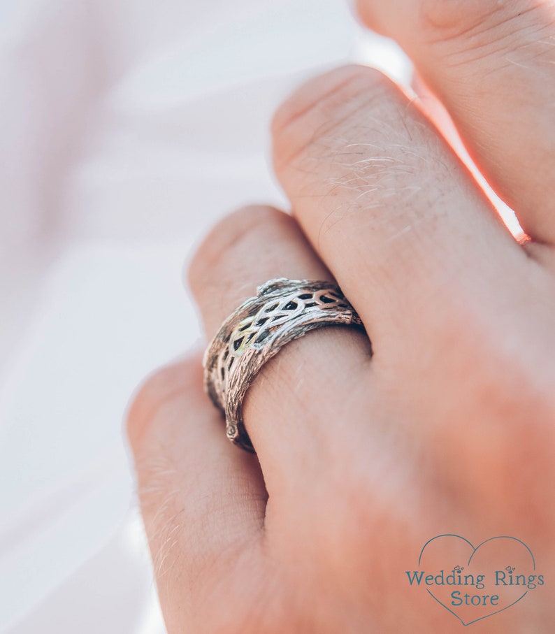 Celtic knot and Tree bark Men's Wedding Band in Mixed Metals