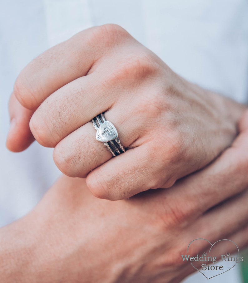 Unique Silver Men's Shield Ring with a Personalized Letter