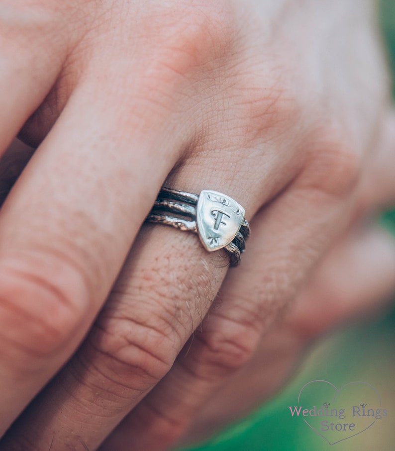 Unique Silver Men's Shield Ring with a Personalized Letter