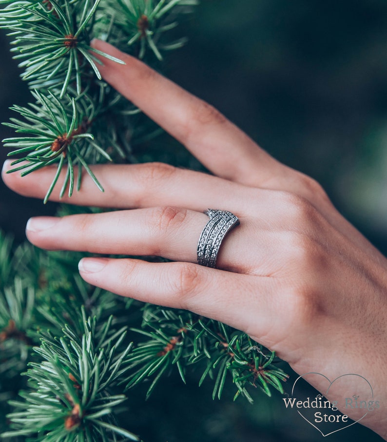 Women's Massive Chevron Wedding Band with White Stones