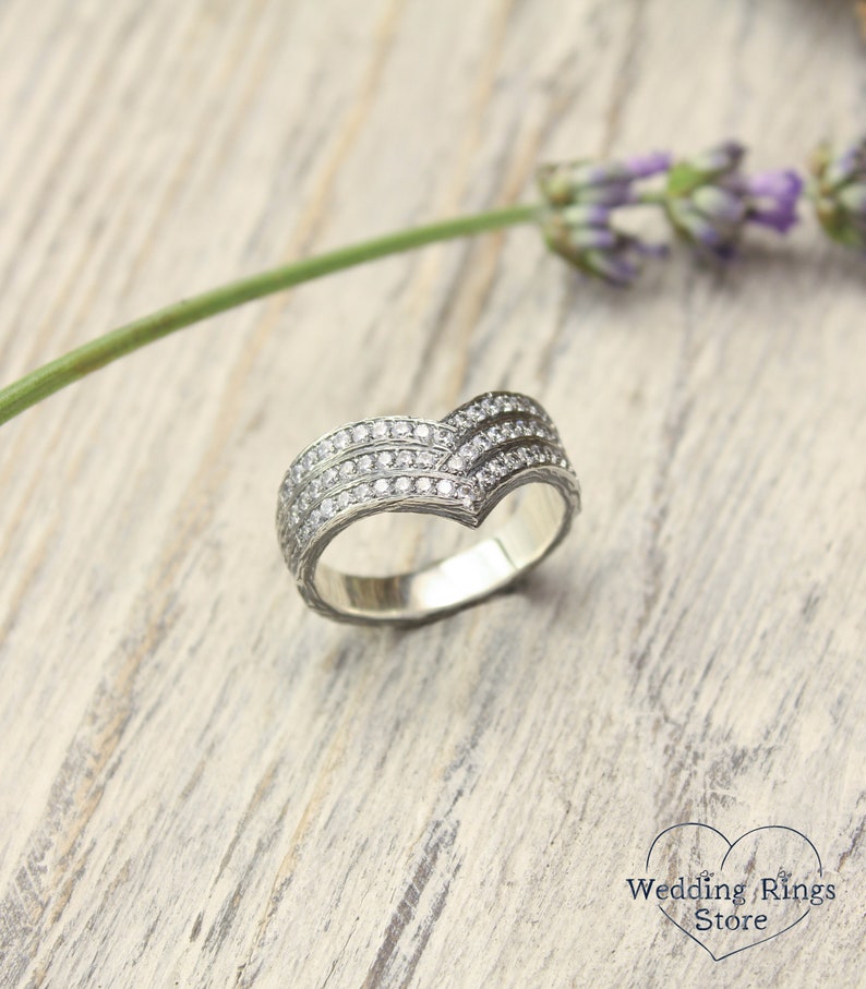 Women's Massive Chevron Wedding Band with White Stones