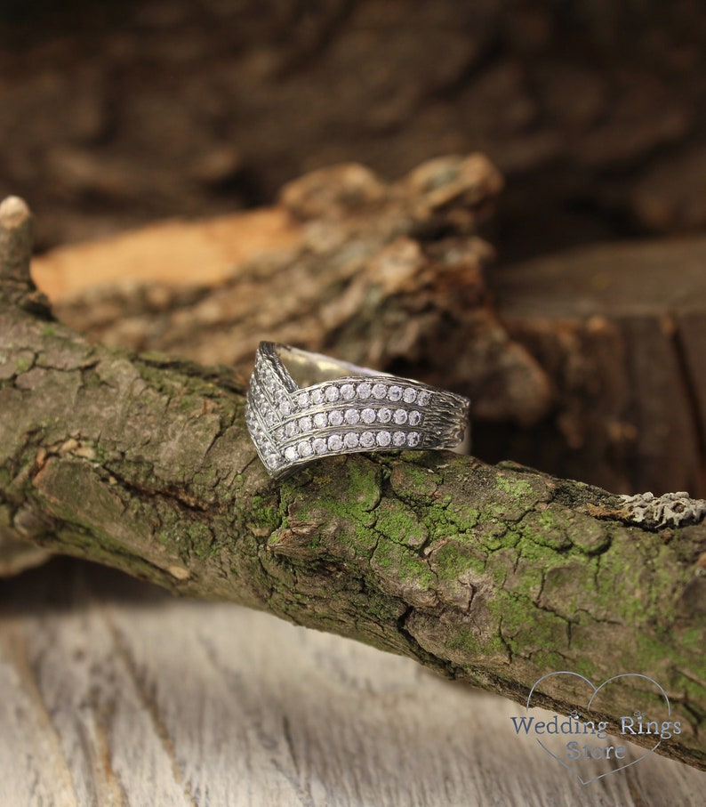 Women's Massive Chevron Wedding Band with White Stones