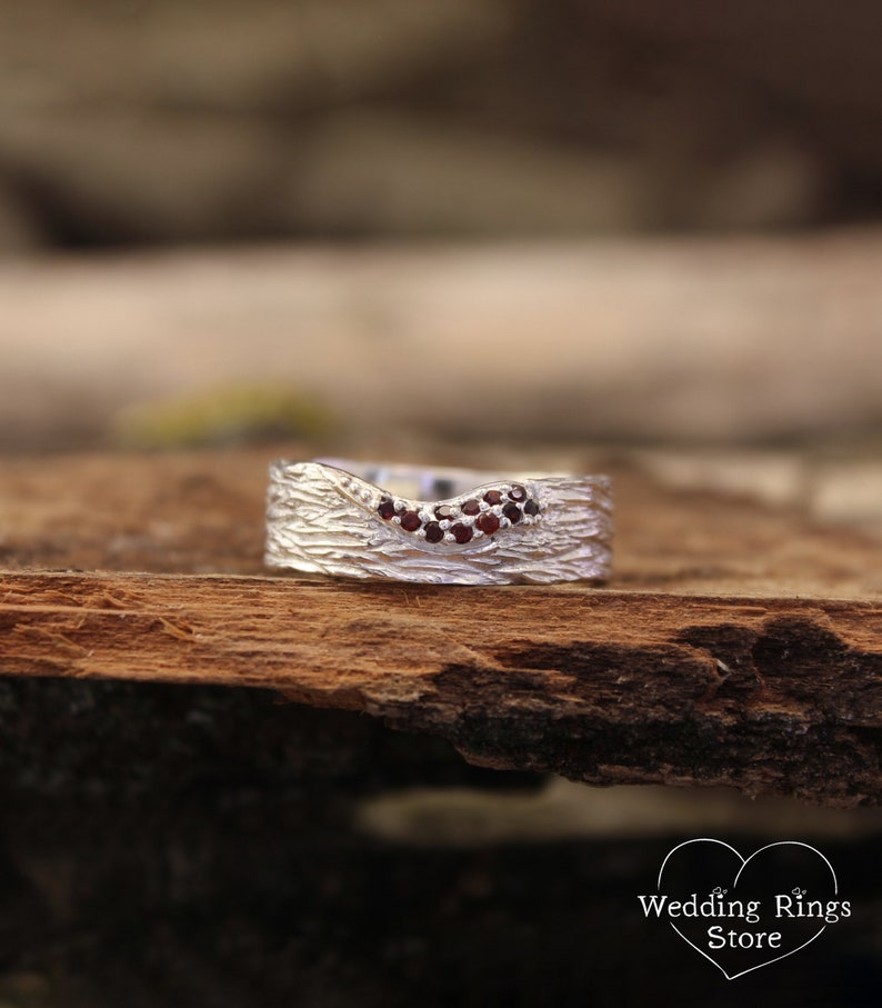 Silver Tree bark Curved Wide Wedding Band with Garnets
