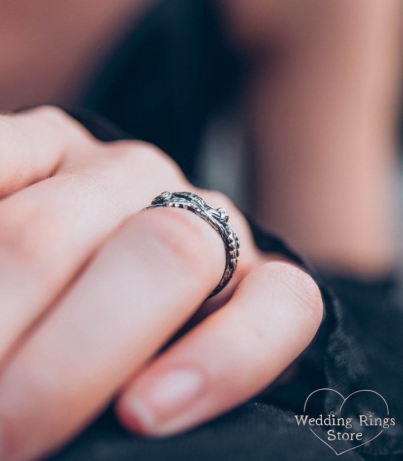 Leaves and Acorns on Silver Oak Branch Wedding Ring