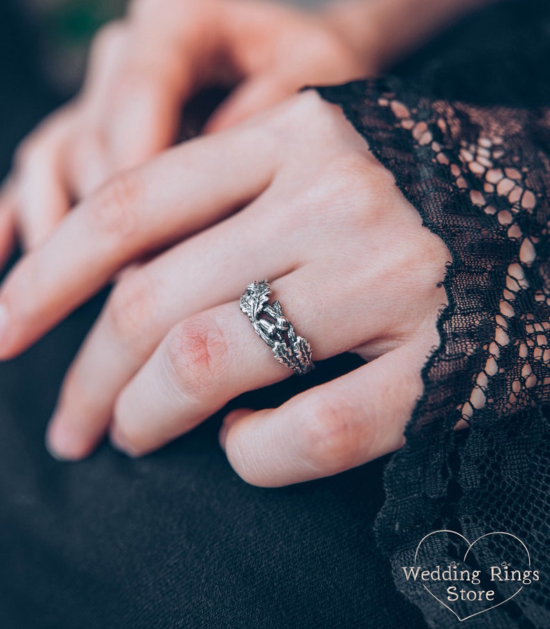 Leaves and Acorns on Silver Oak Branch Wedding Ring