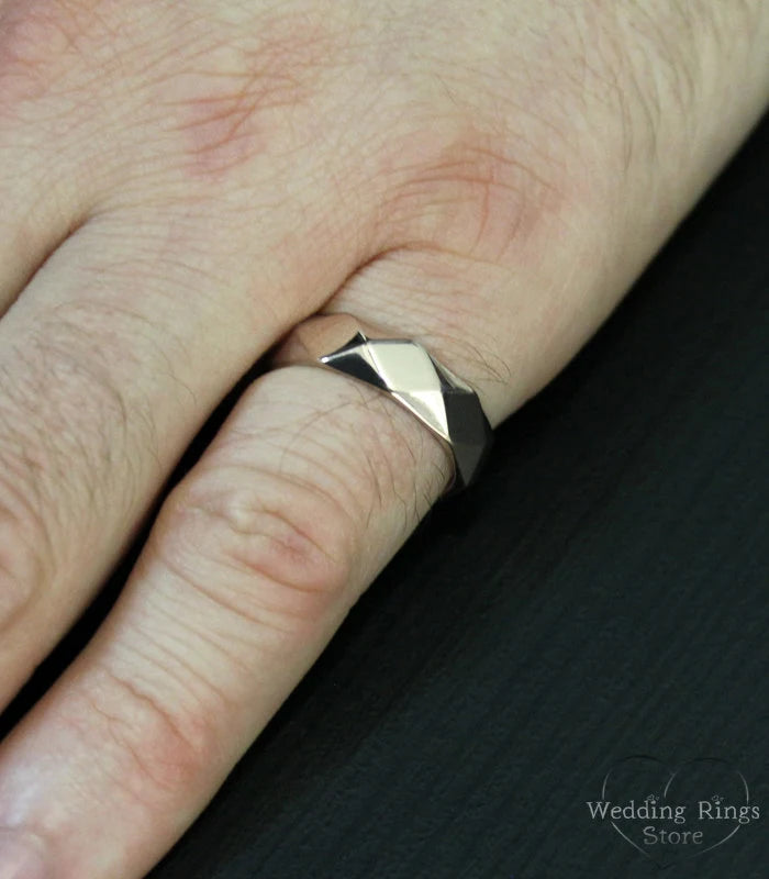 Faceted Surface Chunky Wedding Band in Solid Silver 925