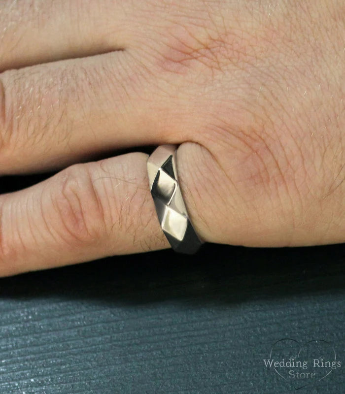 Faceted Surface Chunky Wedding Band in Solid Silver 925