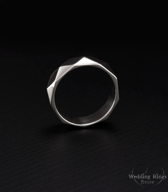 Faceted Surface Chunky Wedding Band in Solid Silver 925