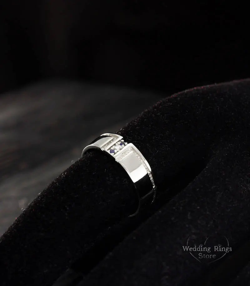 Classy Wide Men's Diamond and Sapphire Wedding Band