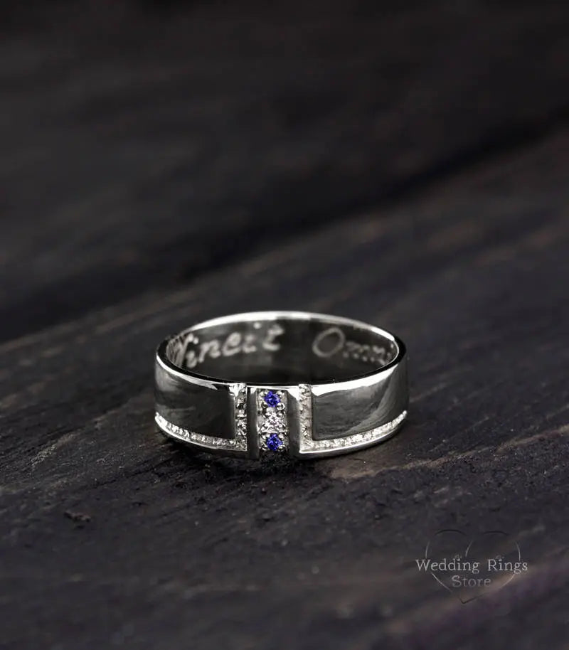 Classy Wide Men's Diamond and Sapphire Wedding Band