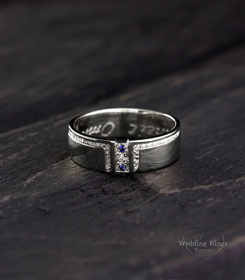 Classy Wide Men's Diamond and Sapphire Wedding Band
