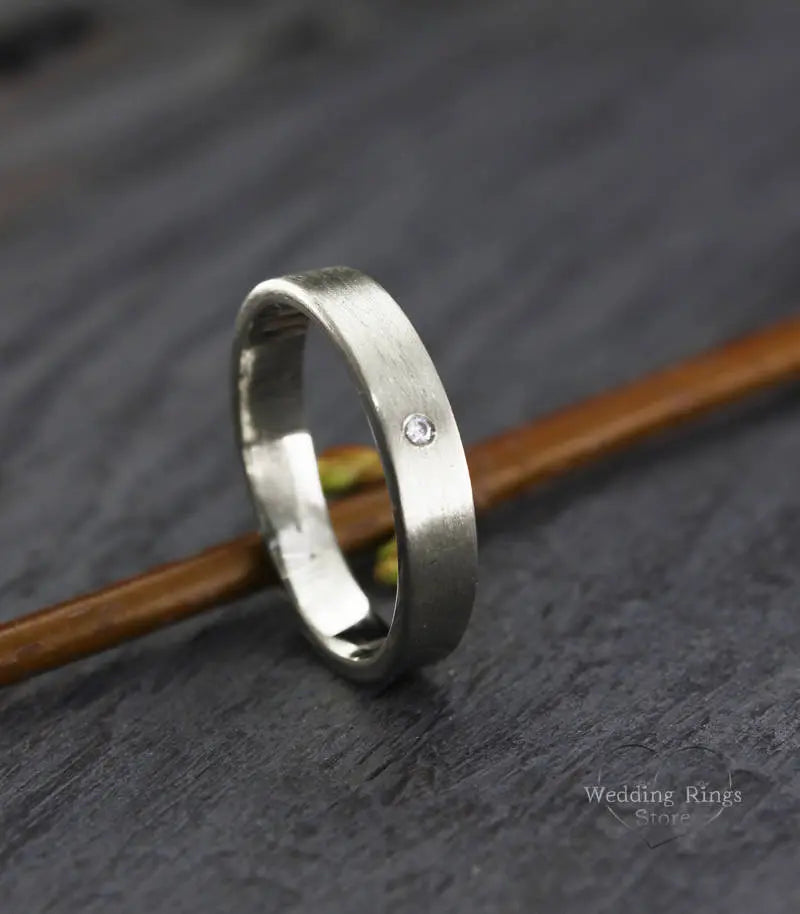 Flat Plain Silver Diamond Wedding Ring 4mm