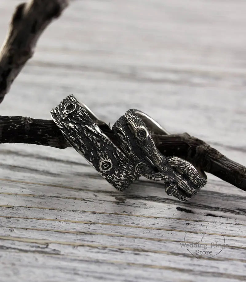 Oxidized Silver Forest Woodbark Wedding Bands Set
