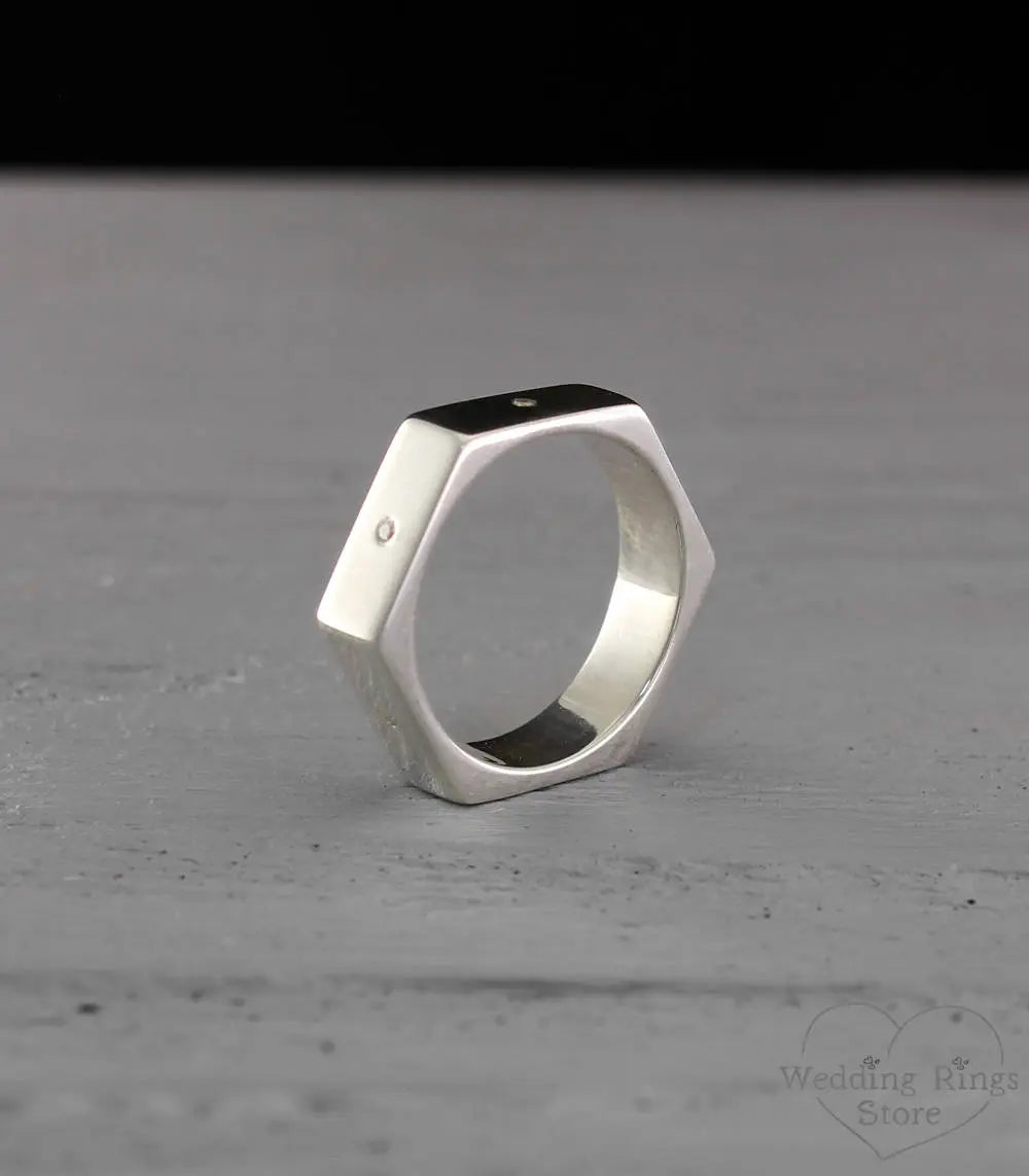 Geometric Hexagon Ring with White Diamond Gems Silver