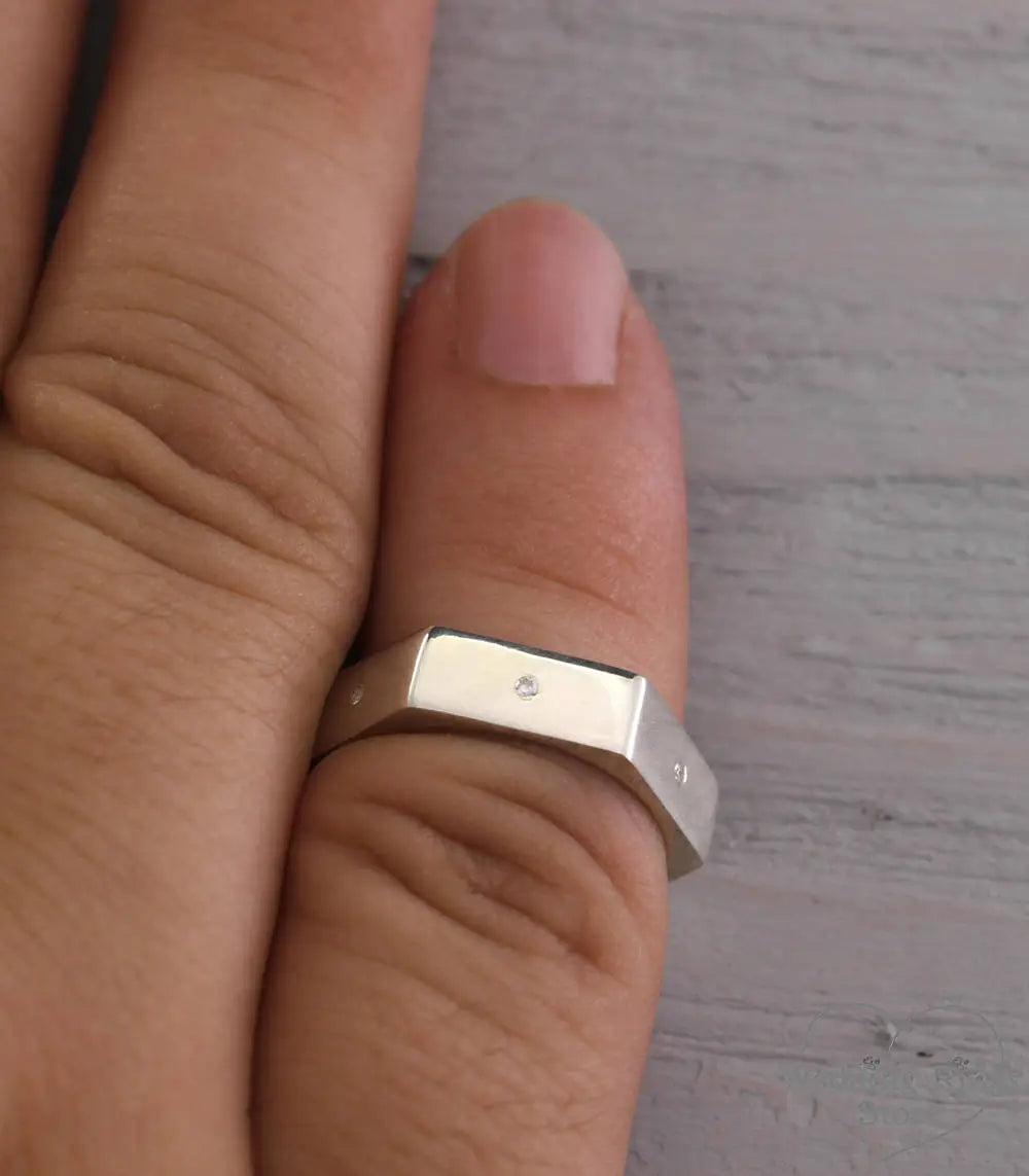 Geometric Hexagon Ring with White Diamond Gems Silver