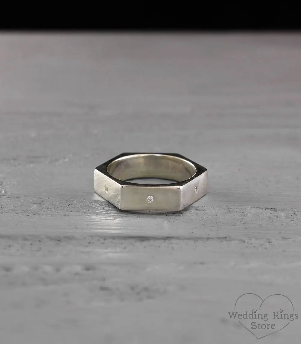 Geometric Hexagon Ring with White Diamond Gems Silver