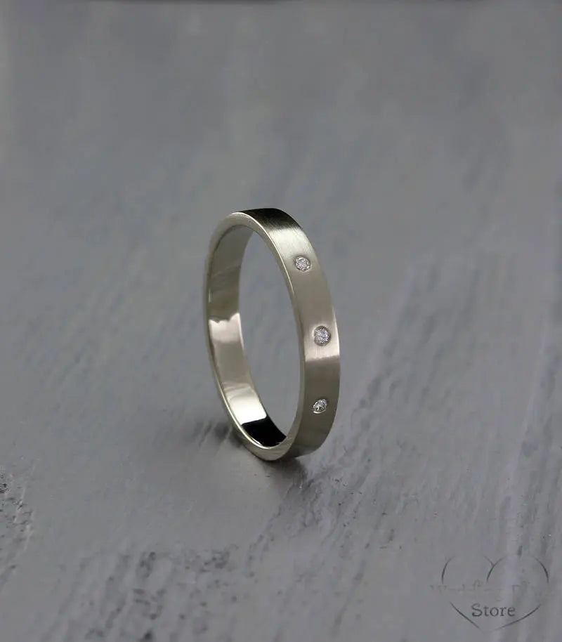Three Diamonds 3mm Dainty Silver Wedding Ring