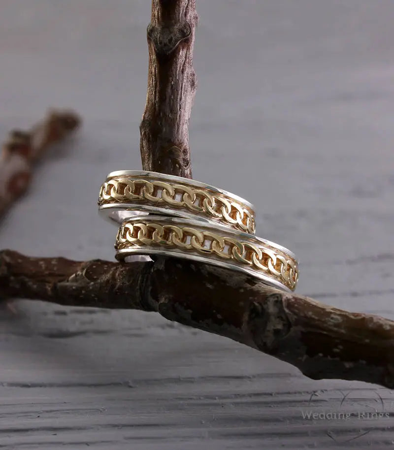 Mixed metals Chain Rings — Couple Wedding Set